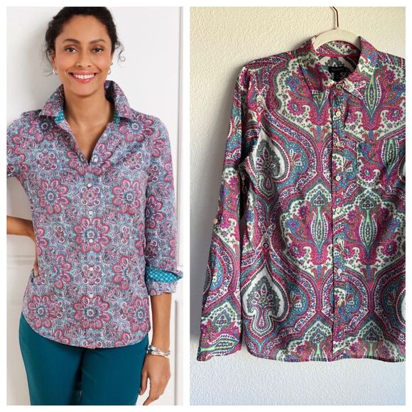 Talbots Women's Paisley Medallion Print Long Sleeve Button Down Shirt in Pink - Picture 1 of 8